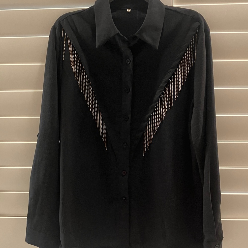 Black Button Down Western Shirt  with Dangle Rhinestones